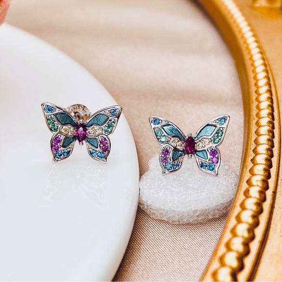 925 Sterling silver Butterfly 🦋 Enamel Colorful  CZ Stud Earrings - Picture 4 of 9